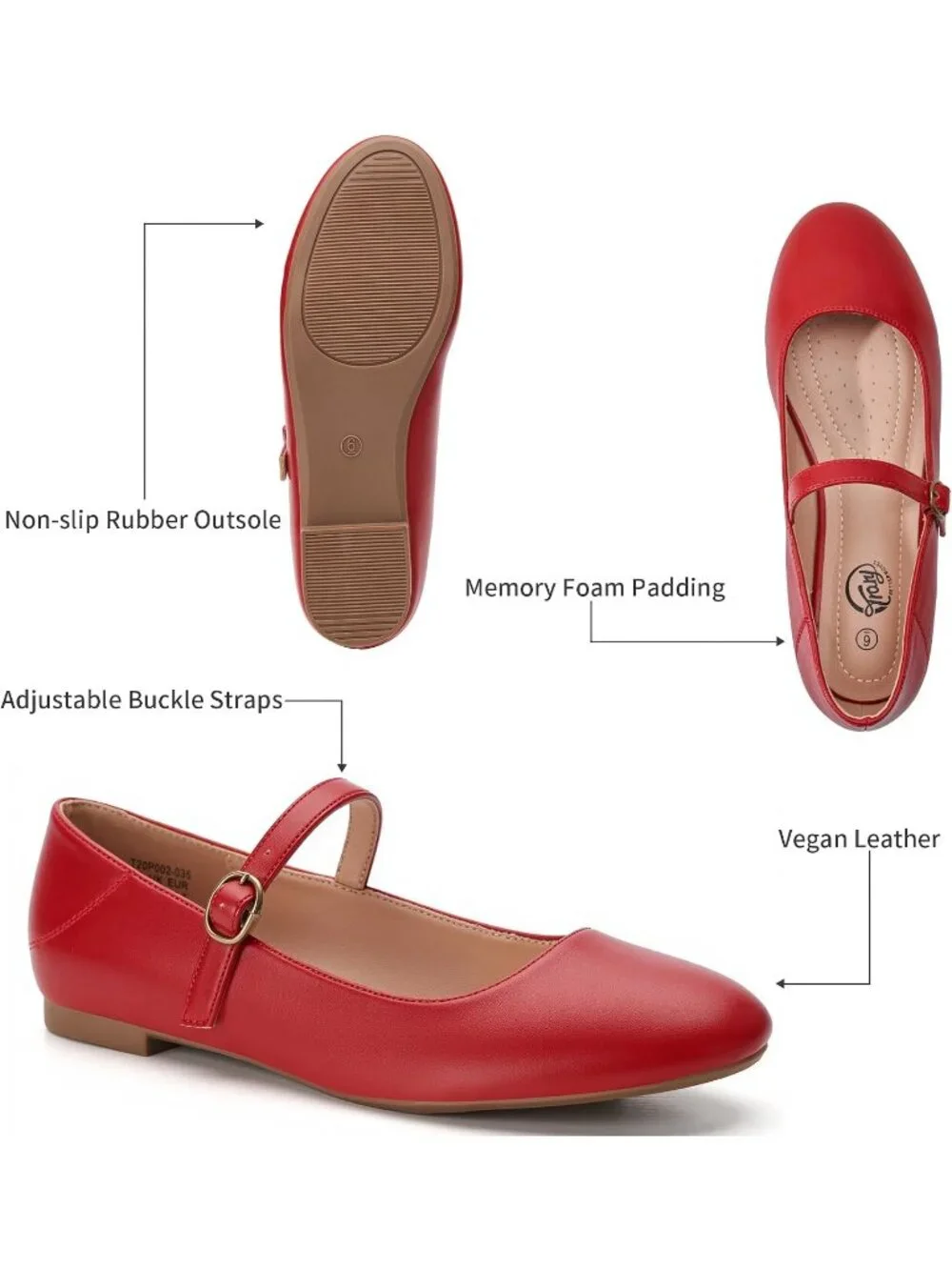 Women's Red Ballet Flats Round Toe Comfortable Straps Memory Foam Dressy Shoes